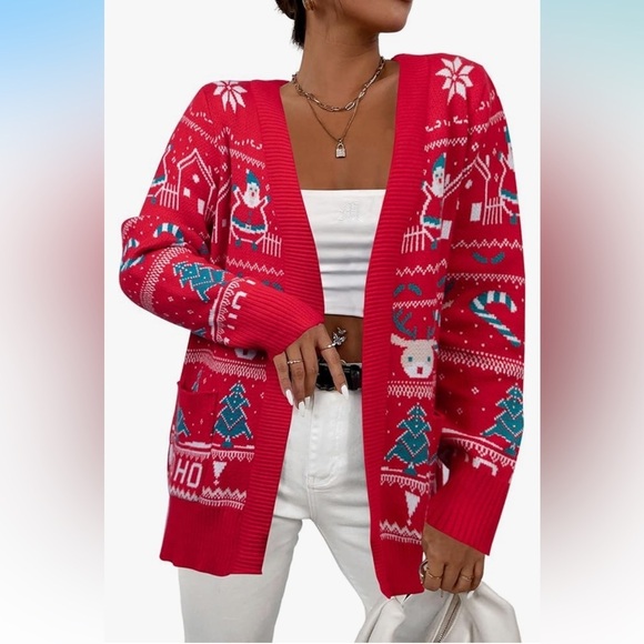 NWT Festive Red Christmas  Holiday Cardigan Medium Santa  Reindeer - Picture 1 of 6